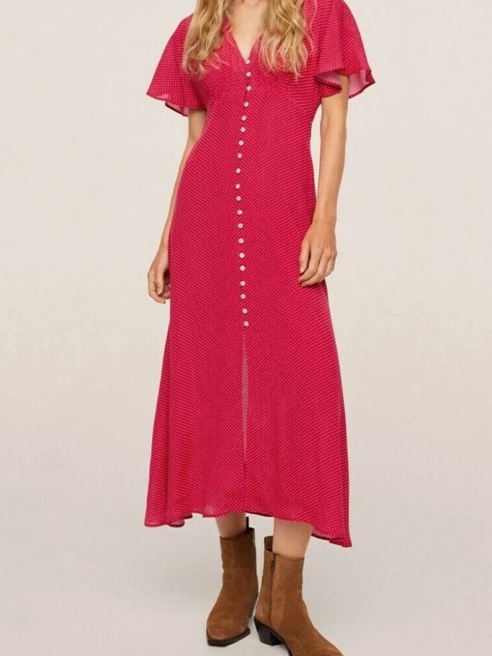 MANGO Red & White Polka Dot Print Smocked Detail A-Line Midi Dress w/ Front Slit